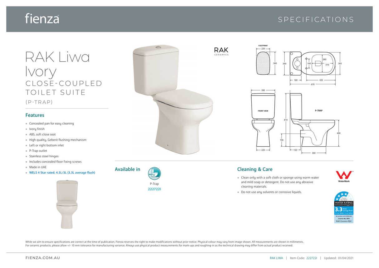 Fienza Rak 222722I Liwa Close-Coupled Suite P-Trap - Ivory