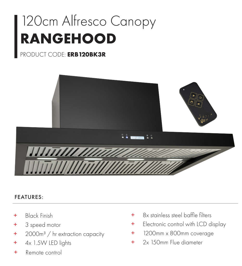 Euro Appliances ERB120BK3R 120cm Black Finish BBQ Canopy Rangehood with Remote Control