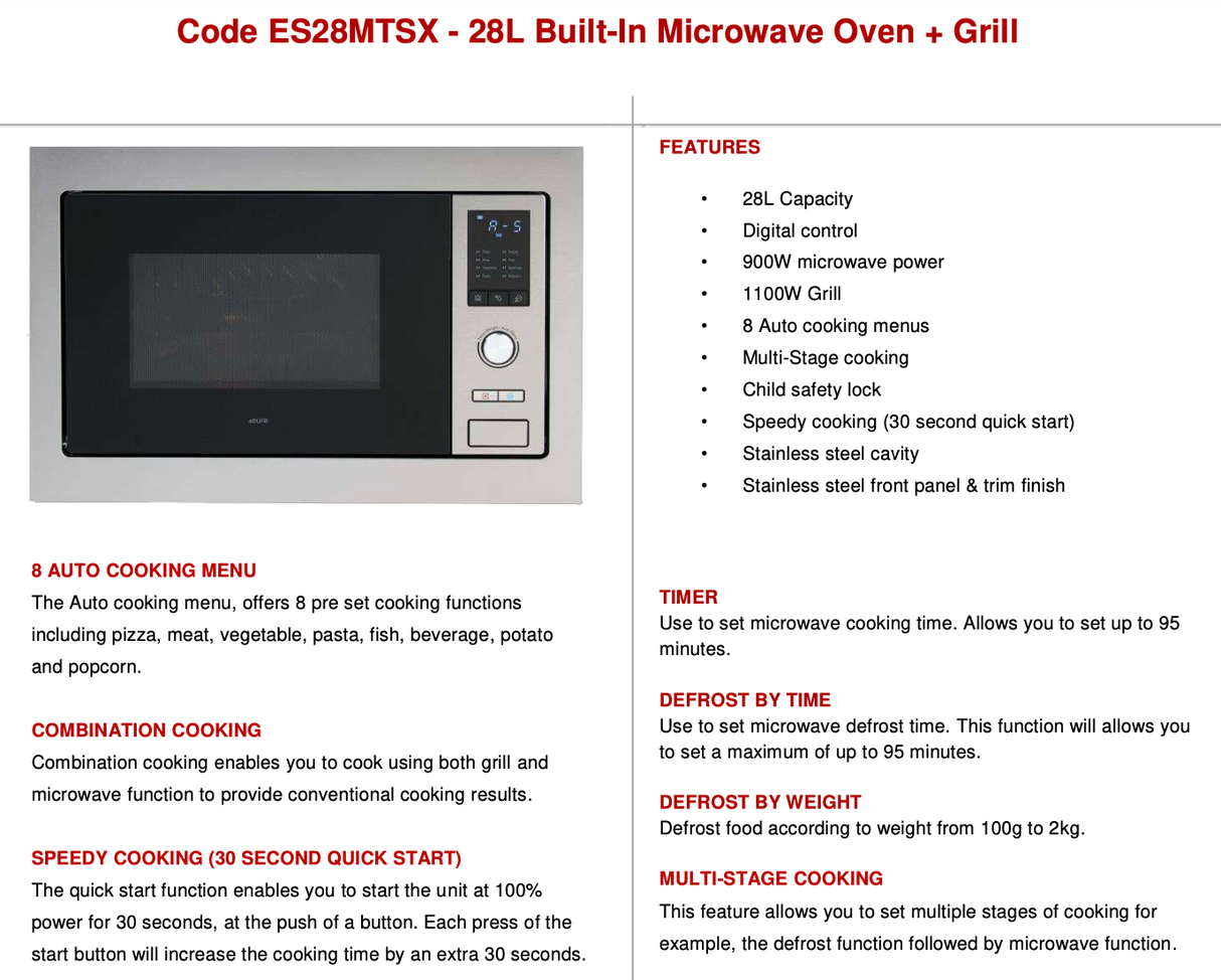 Euro Appliances ES28MTSX Inbuilt Microwave Oven + Grill with Trim Kit
