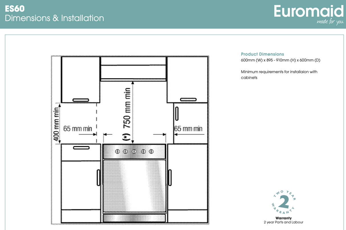 Euromaid ES60 60cm Stainless Steel Electric Fan Forced Stove