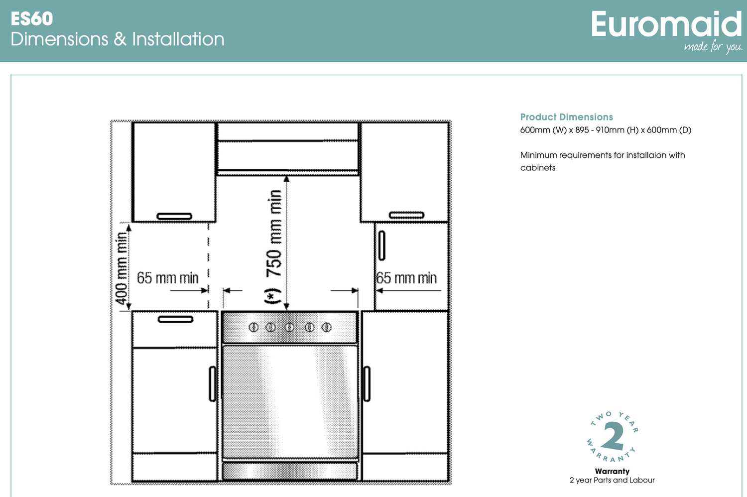 Euromaid ES60 60cm Stainless Steel Electric Fan Forced Stove