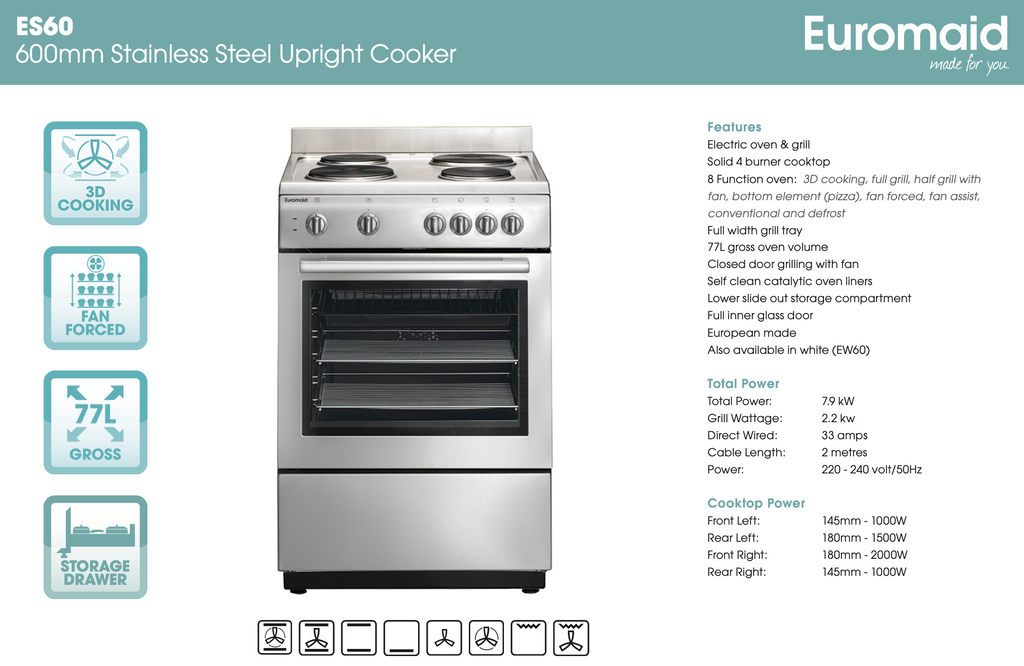 Euromaid 60cm electric upright cooker sale