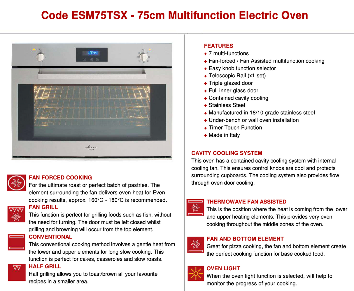 Blanco 75cm Replacement Oven - Euro Appliances ESM75TSX Italian Made 75cm Electric Multi-Function Oven