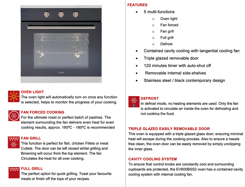Euro Appliances EV600BSS2 60cm Electric Fan Forced Oven - Clearance Discount