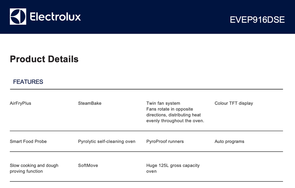 Electrolux EVEP916DSE 90cm Pyrolytic Built-In Oven - Factory Seconds