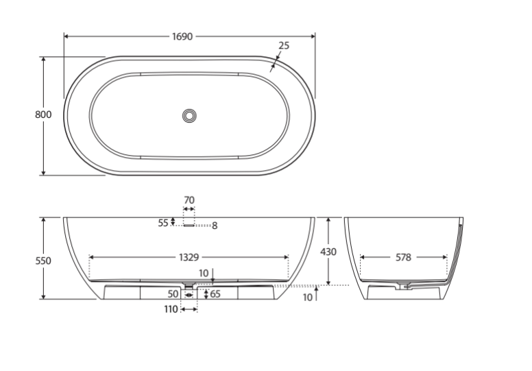 Fienza ST11-1700B Luciana Freestanding Stone Bath 1690mm, Matte Black