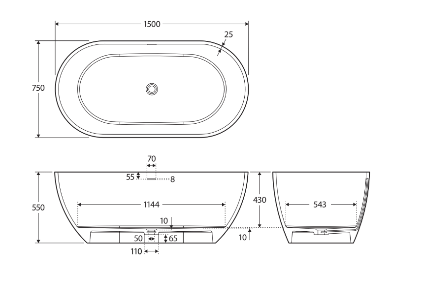 Fienza ST11-B Luciana Freestanding Stone Bath 1500mm, Matte Black