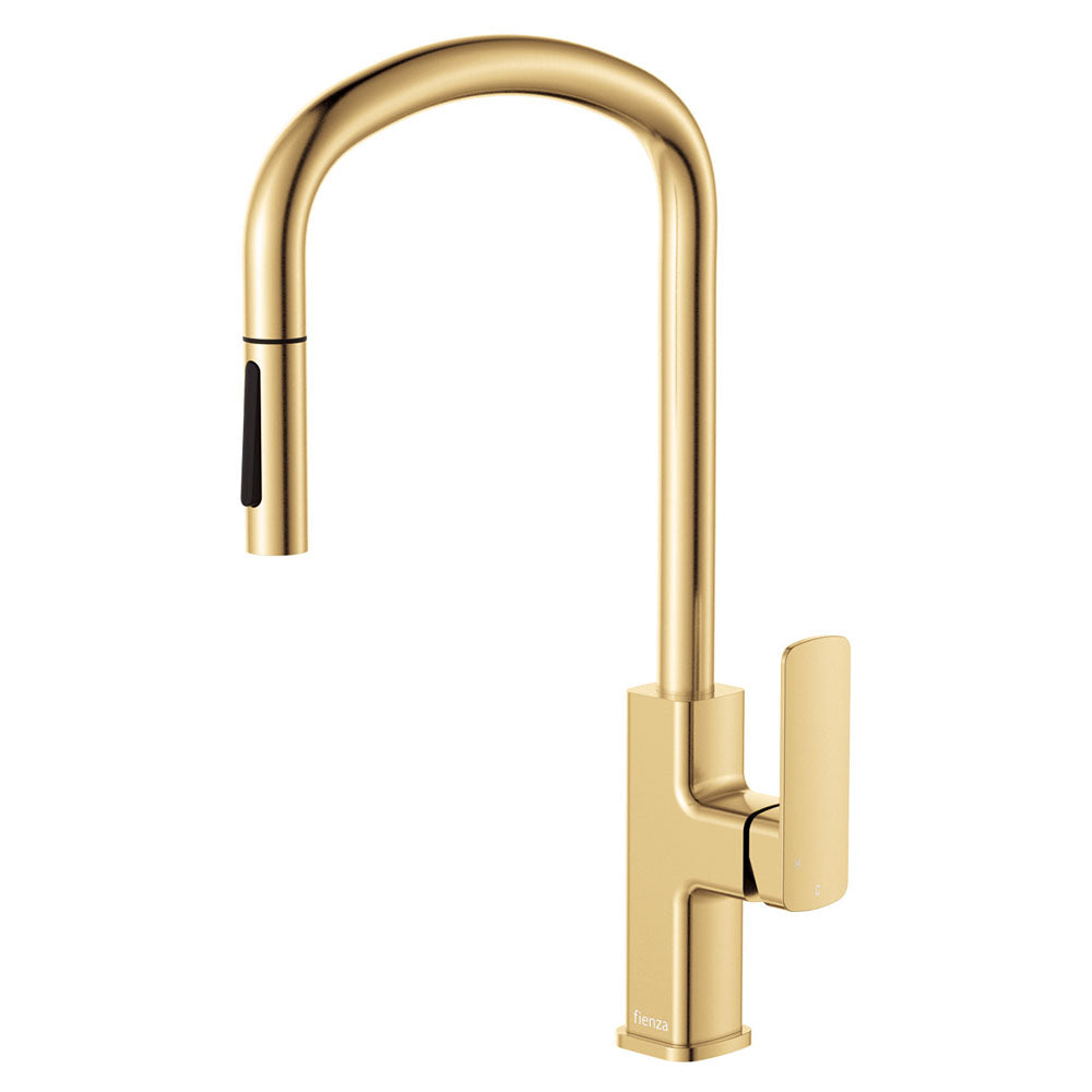 A gold-colored Fienza Tono 233108UB pull out sink mixer with a sleek design, featuring a long spout and a matching gold-colored handle.