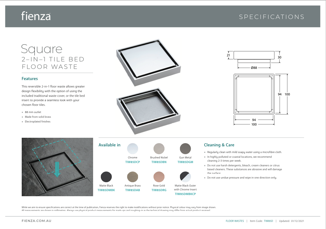 Fienza Square Tile 2-in-1 Floor Waste 88mm