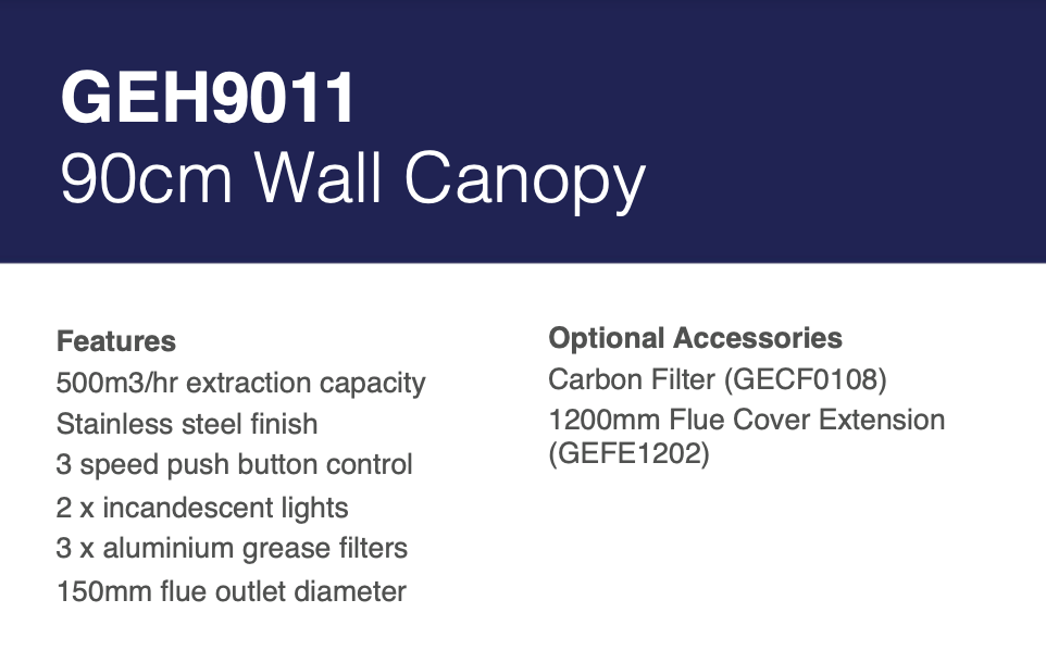 Baumatic GEH9011 90cm Stainless Steel Canopy Rangehood