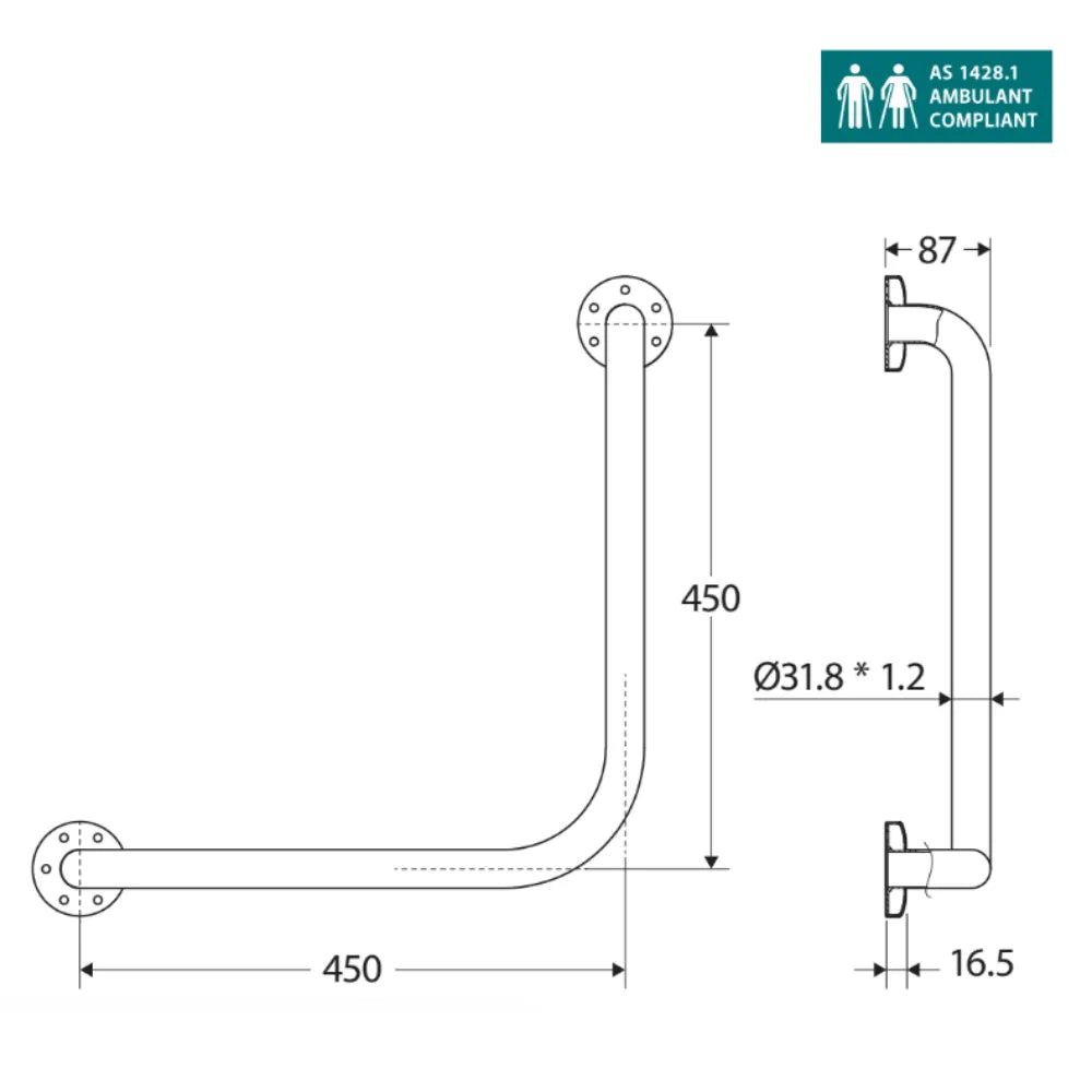 Fienza Care GRAB4545 Ambulant 90° Degrees 450x450mm Stainless Steel Grab Rail