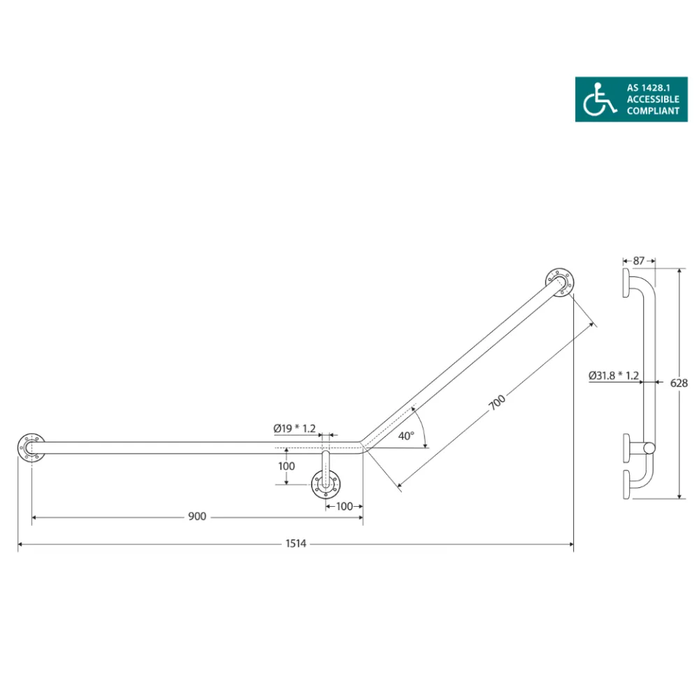 Fienza GRAB9070L Care Ambulant 40° 900x700mm Stainless Steel Left Hand Grab Rail