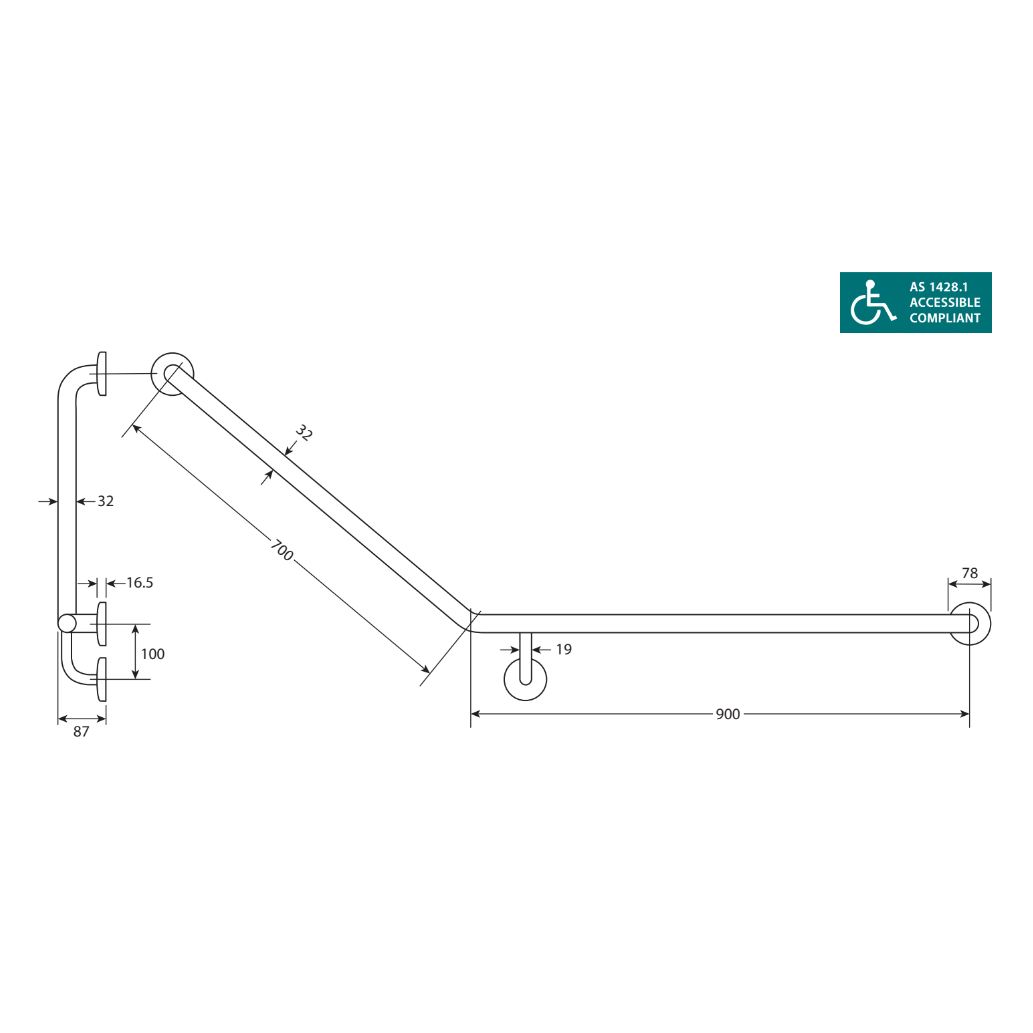 Fienza CARE2RG Accessible Toilet Care Kit 2 with Right Hand 40° Degrees Rail, Grey Seat