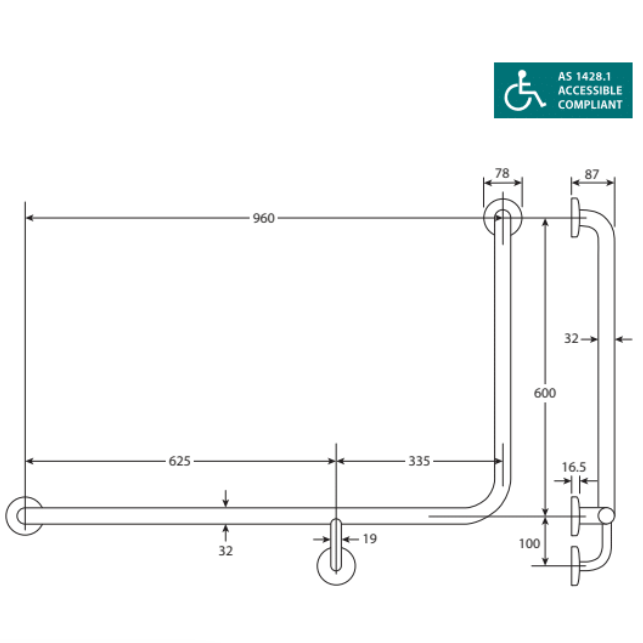 Fienza CARE4LL CARE4LR Delta Accessible Care Kit with Left Hand 90° Degrees Rail