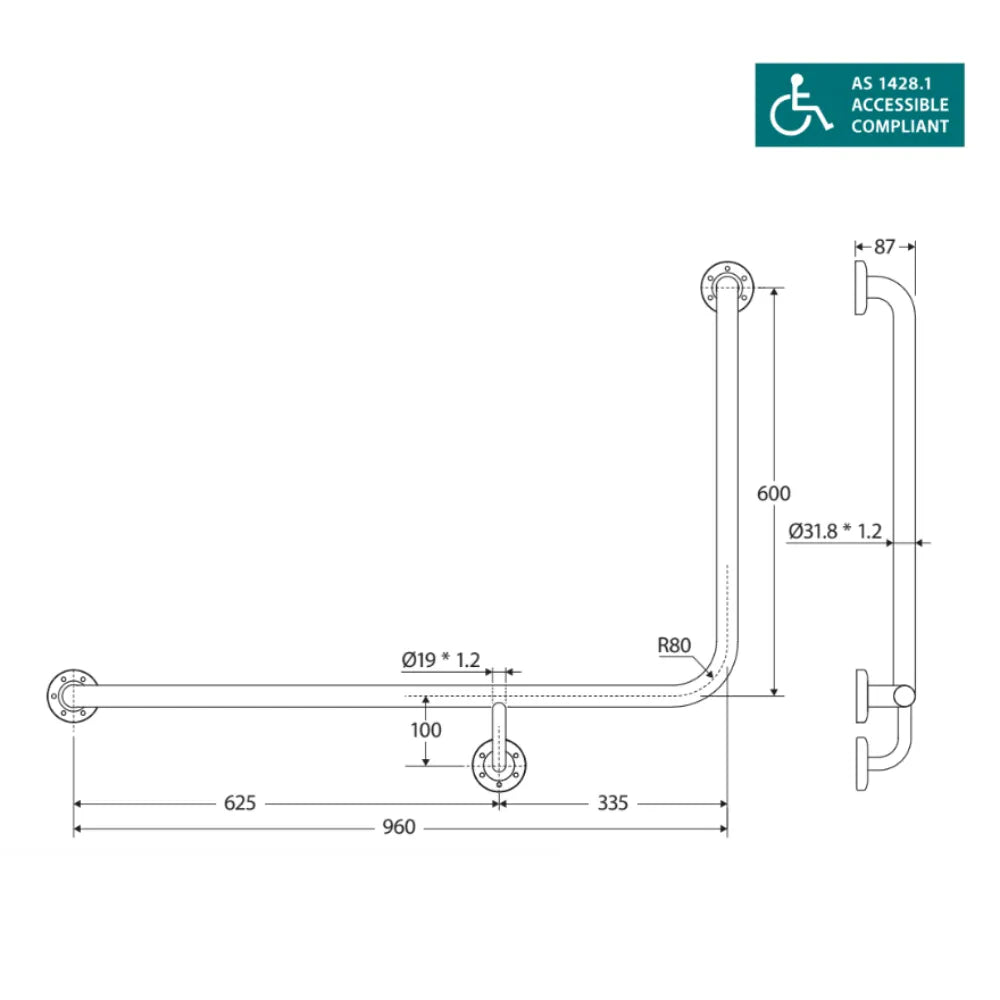 Fienza GRAB9660L Care Ambulant 90° 960x600mm Stainless Steel Left Hand Grab Rail