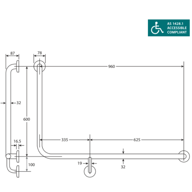 Fienza Delta CARE4RL CARE4RR Accessible Care Kit with Right Hand 90° Degrees Rail