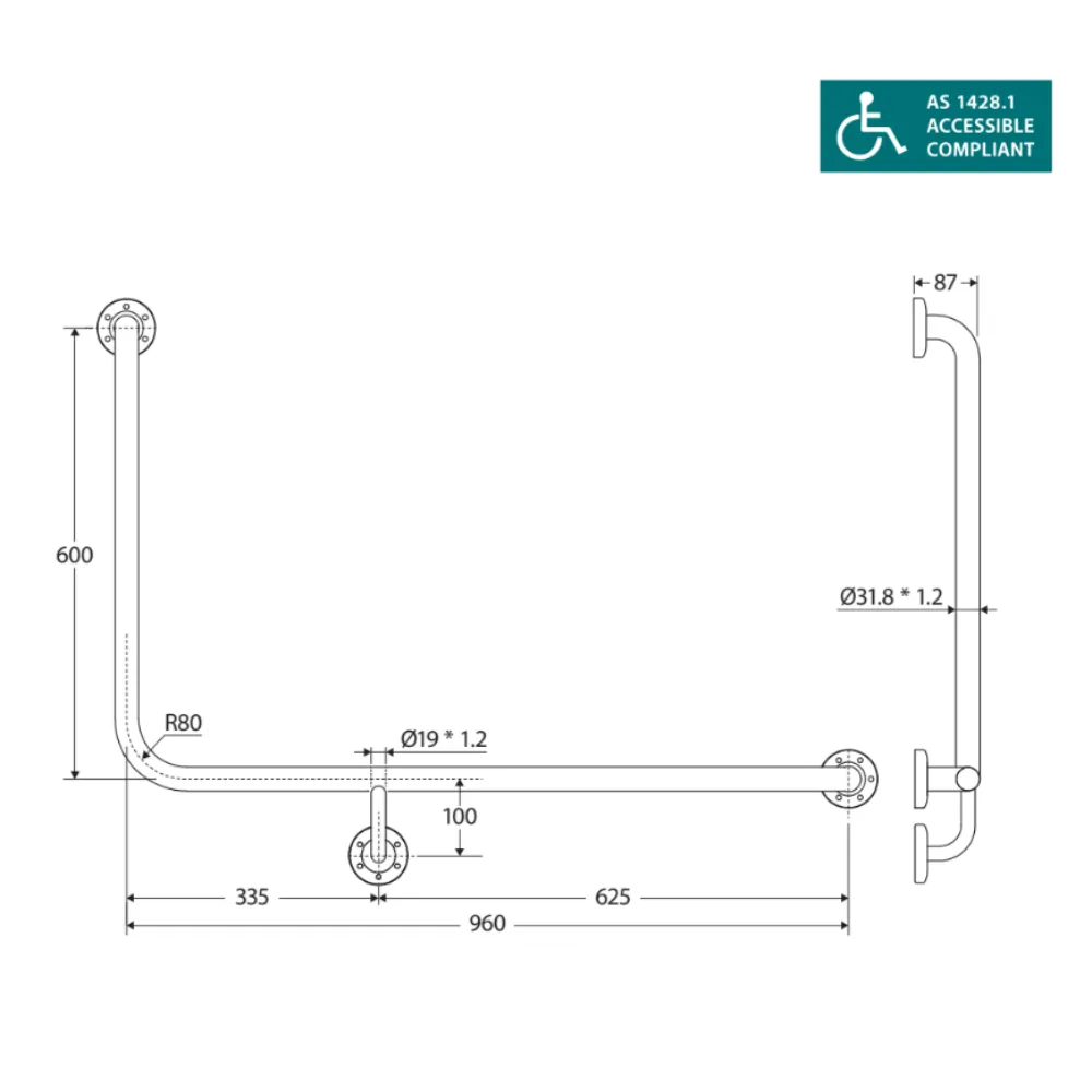 Fienza GRAB9660R Care Ambulant 90° 960x600mm Stainless Steel Right Hand Grab Rail