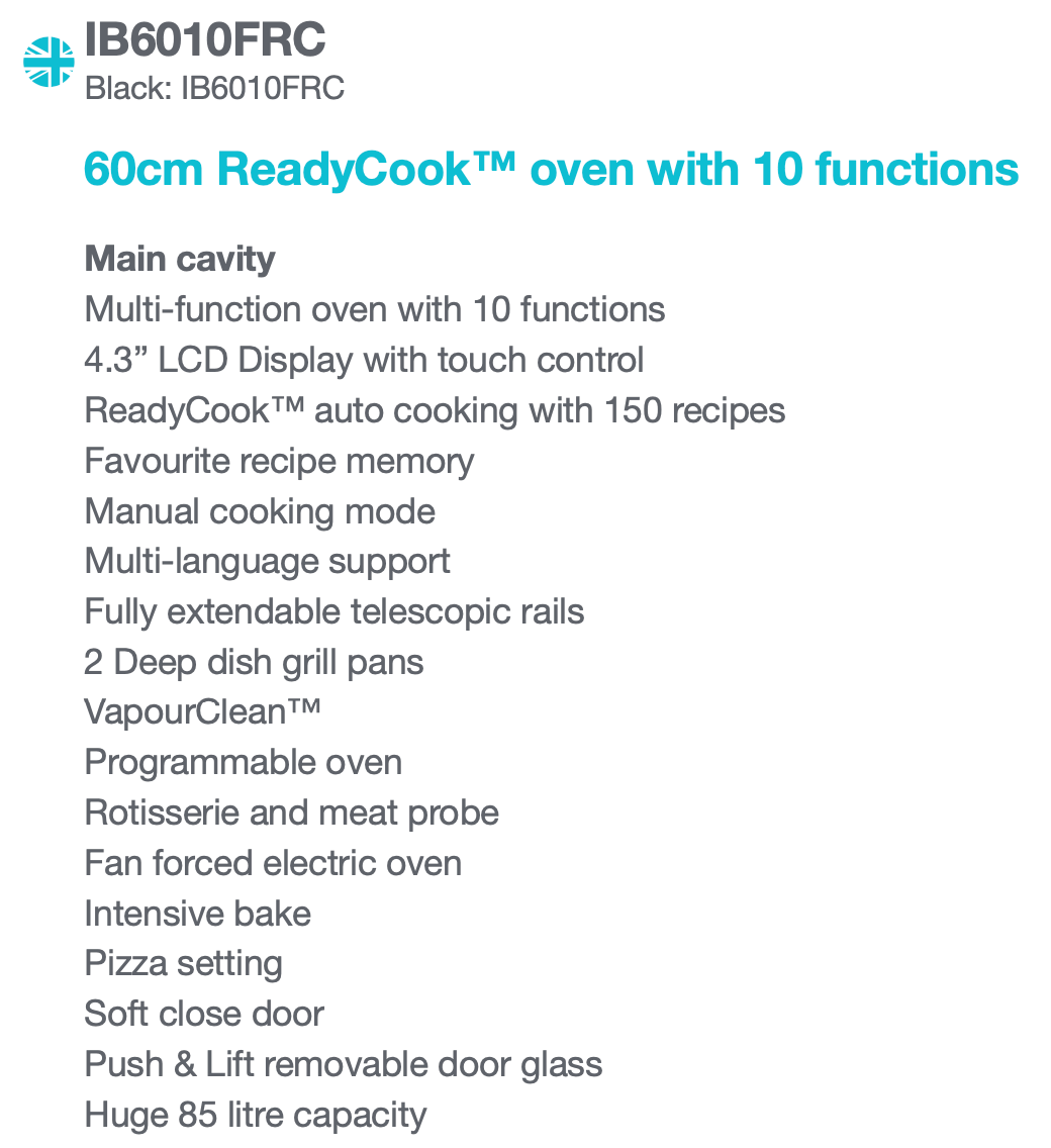 Belling IB6010FRC 60cm Colour Screen Readycook™ Black Glass Electric Oven - Ex Display Discount