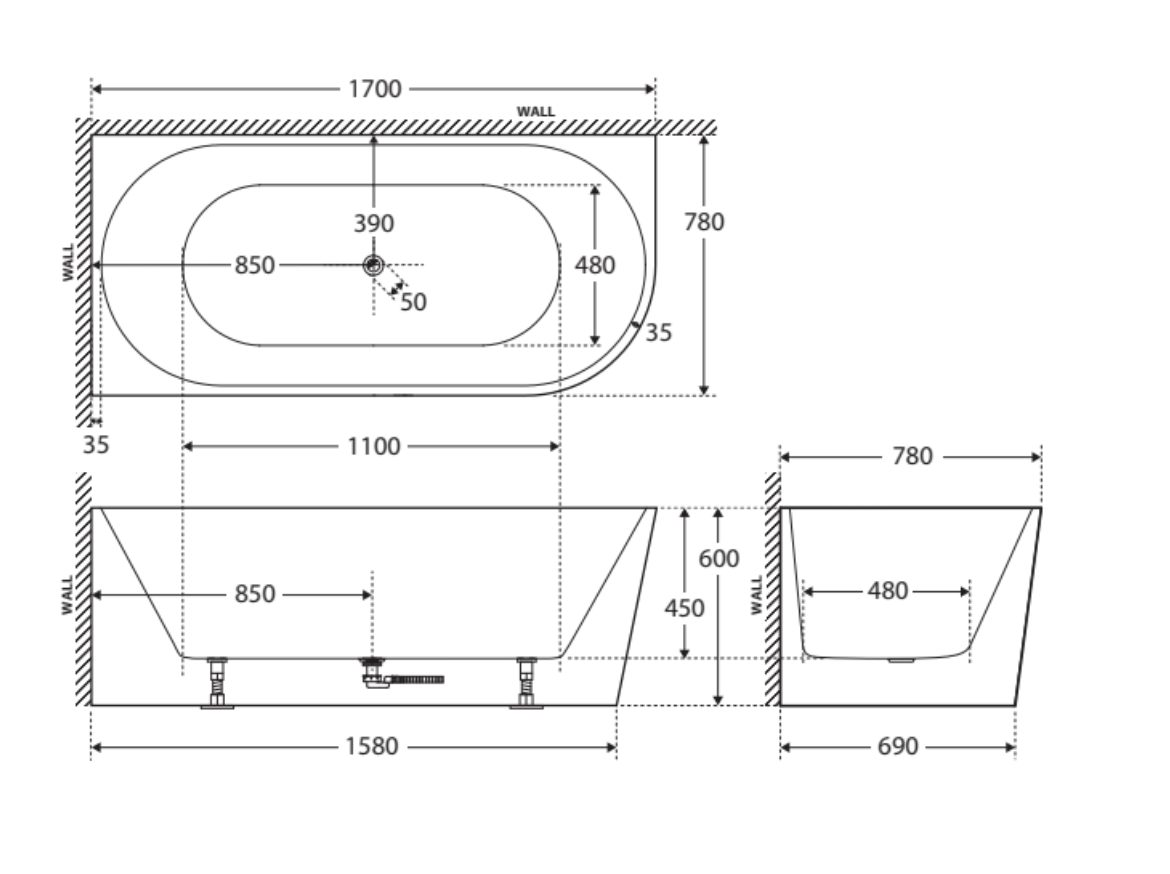 Fienza Isabella Acrylic Corner Bath 1700mm - Gloss White