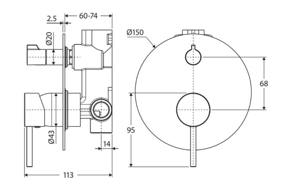 Fienza 228102-LF Kaya Large Round Plate Wall Diverter Mixer, Lead Free, Chrome
