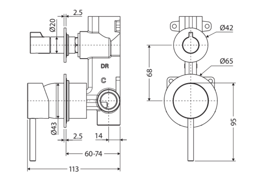 Fienza 228102-4-LF Kaya Wall Diverter Mixer, Small Round Plates, Chrome
