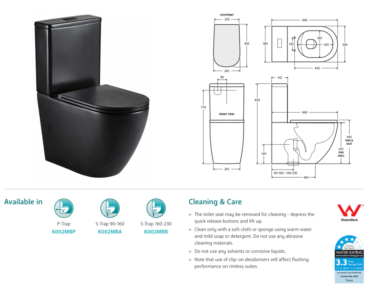 Fienza Koko Slim Seat Back-to-Wall Suite - Matte Black