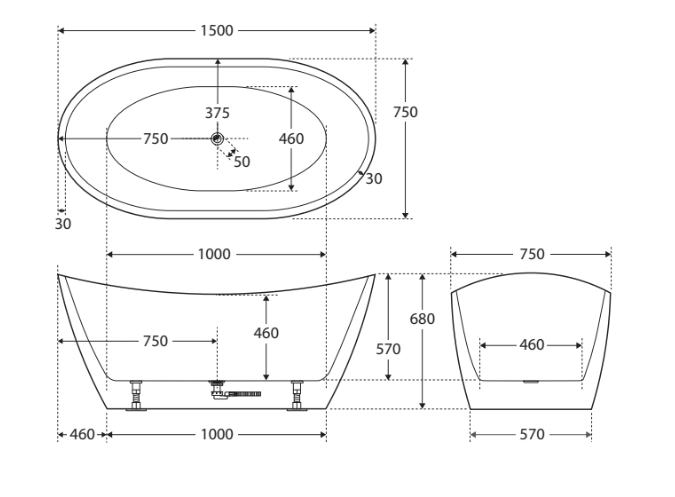 Fienza FR11 Paola Freestanding Acrylic Bath, Gloss White