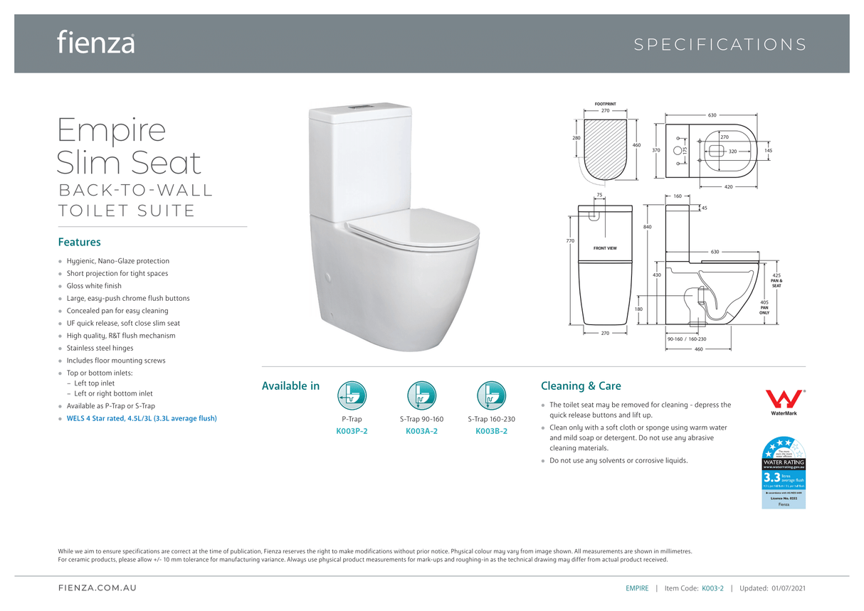 Fienza Empire Back-to-Wall Suite - Slim Seat