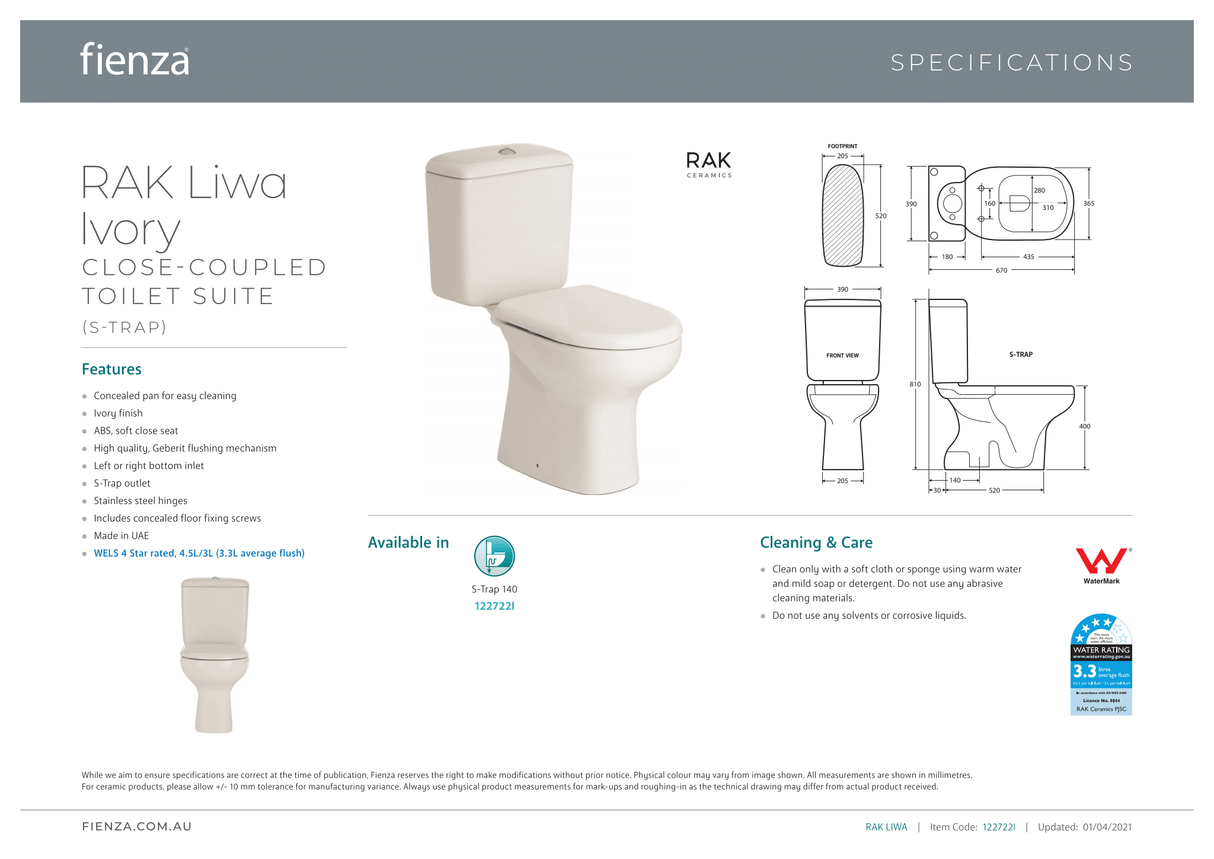 Fienza Rak Liwa Close-Coupled Suite S-Trap 140 - Ivory