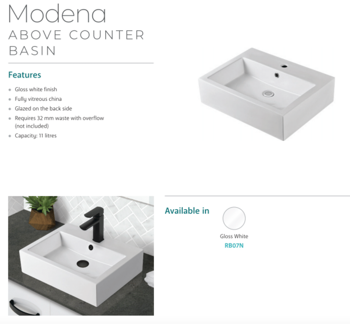 Fienza RB07N Modena Above Counter Basin 1 Tap Hole, White Gloss