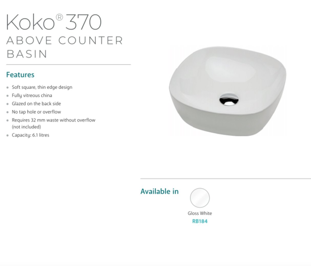 Fienza Koko RB184 370mm Above Counter Basin, Gloss White