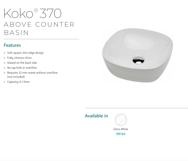 Fienza Koko RB184 370mm Above Counter Basin, Gloss White - Special Order