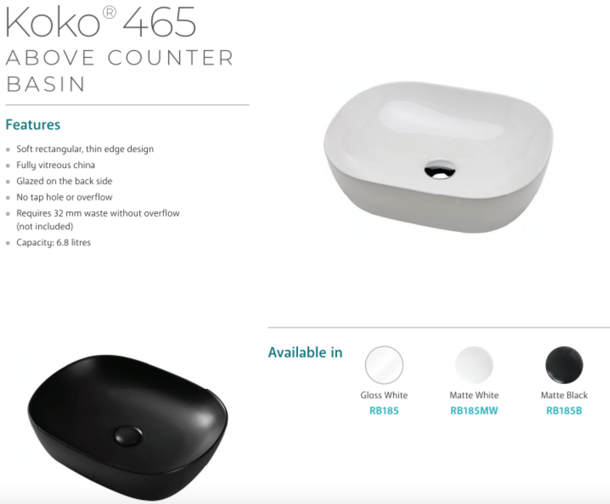 Fienza Koko RB185 465mm Above Counter Ceramic Basin, White