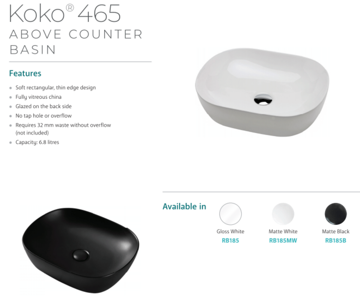 Fienza RB185B Koko 465mm Above Counter Basin, Matte Black