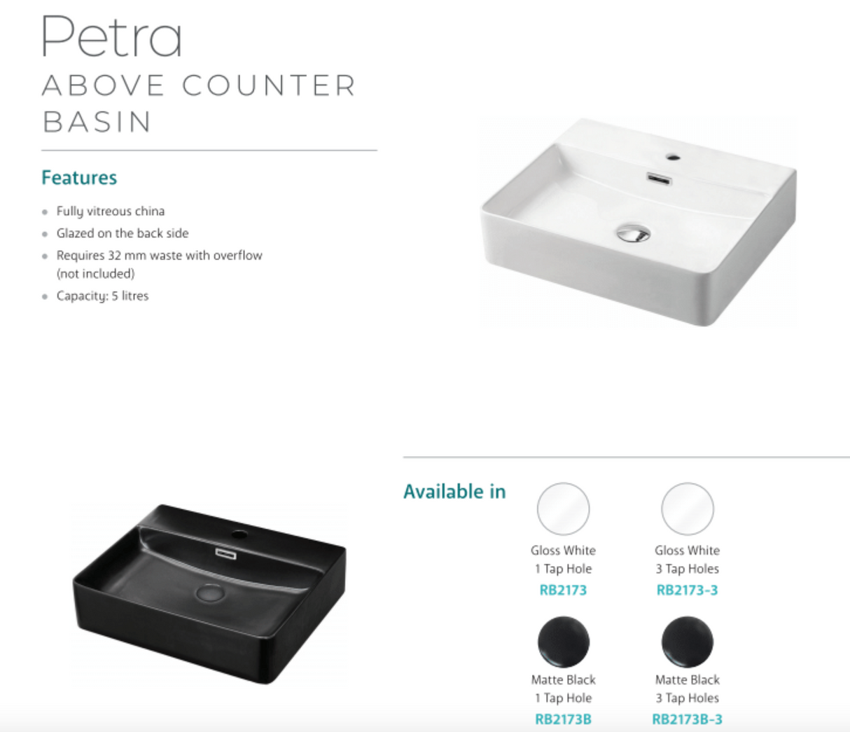 Fienza RB2173 Petra Above Counter 1 Tap Hole Ceramic Basin, White