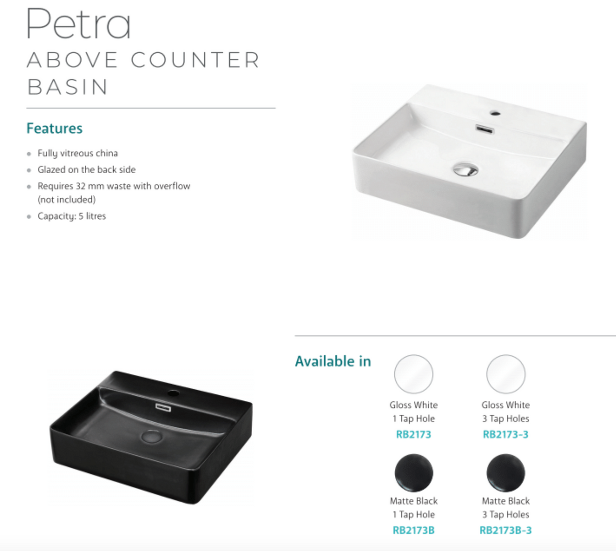 Fienza RB2173B Petra Above Counter 1 Tap Hole Ceramic Basin, Matte Black