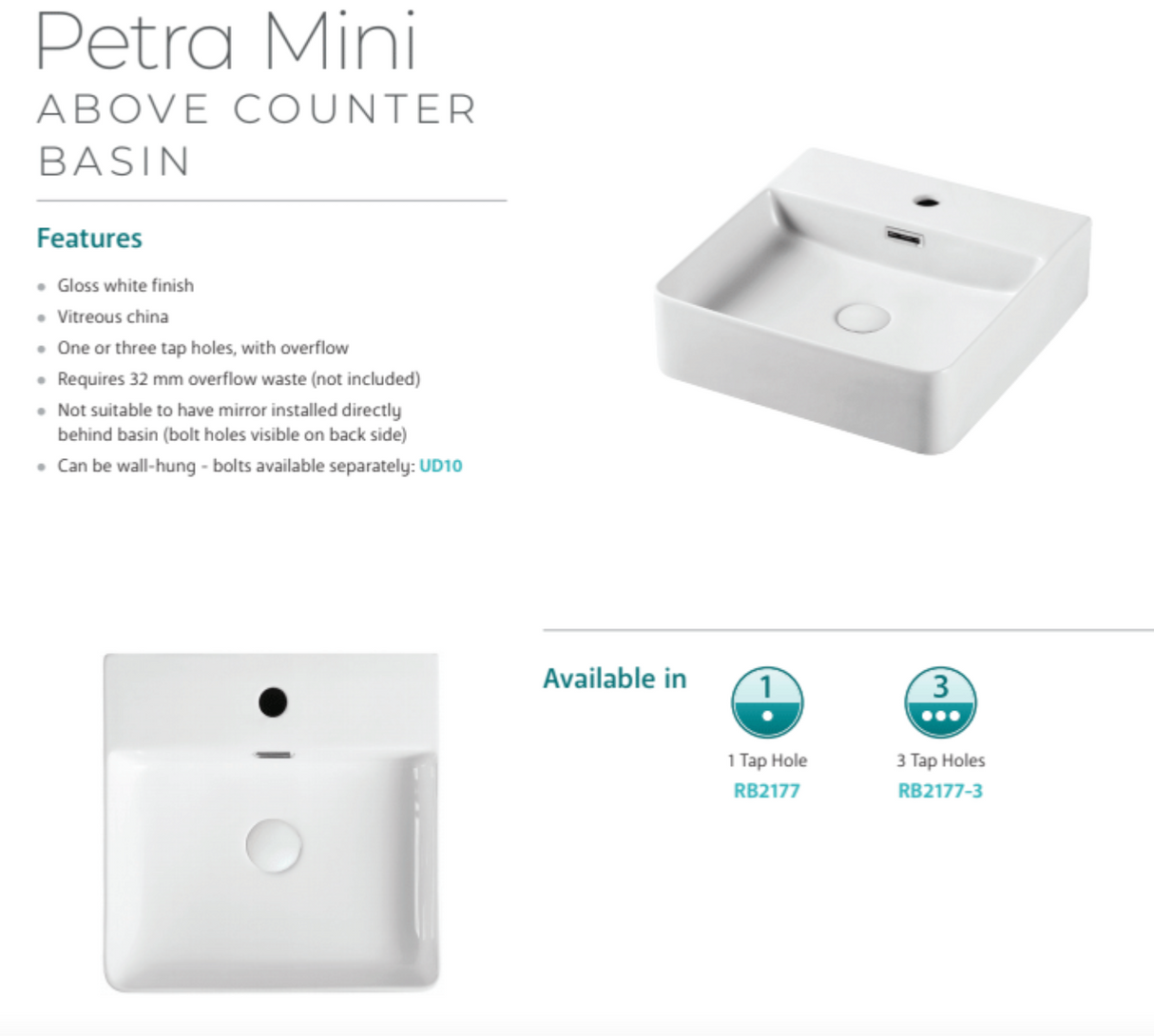 Fienza RB2177 Petra Mini Above Counter 1 Tap Hole Basin, White