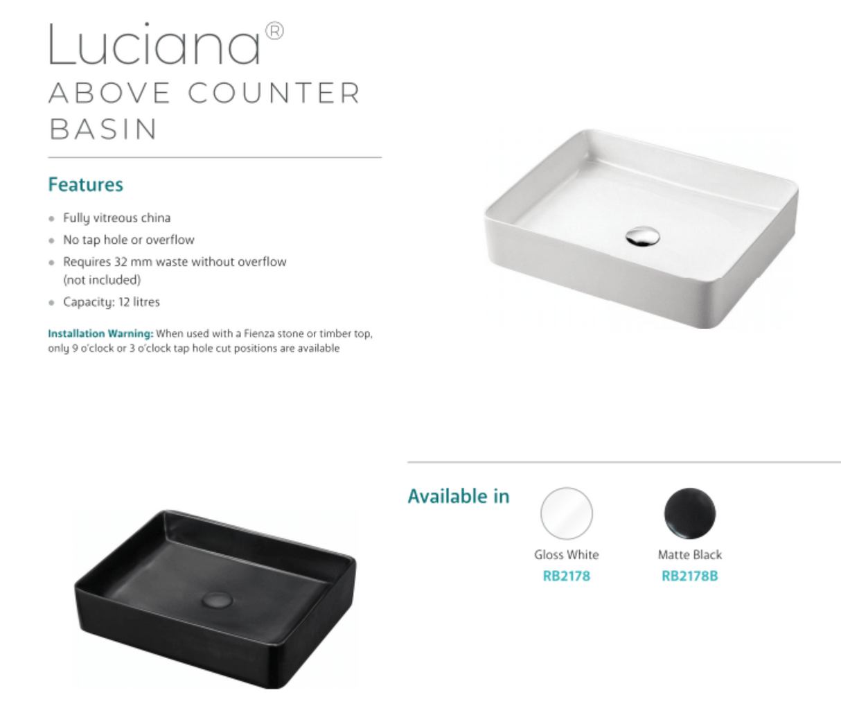 Fienza RB2178 Luciana Above Counter Ceramic Basin, White