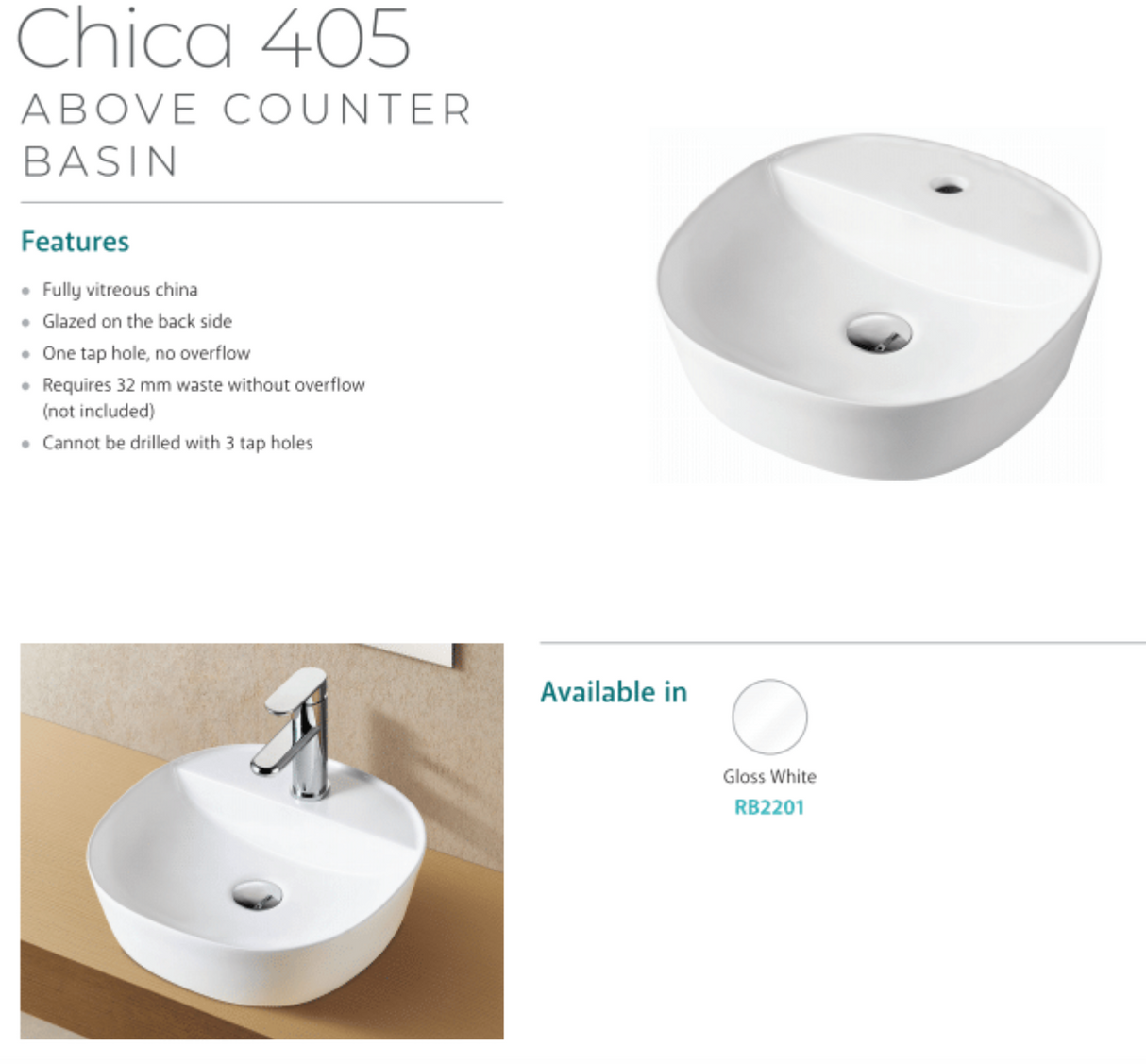 Fienza RB2201 Chica 405mm Above Counter Ceramic Basin, White