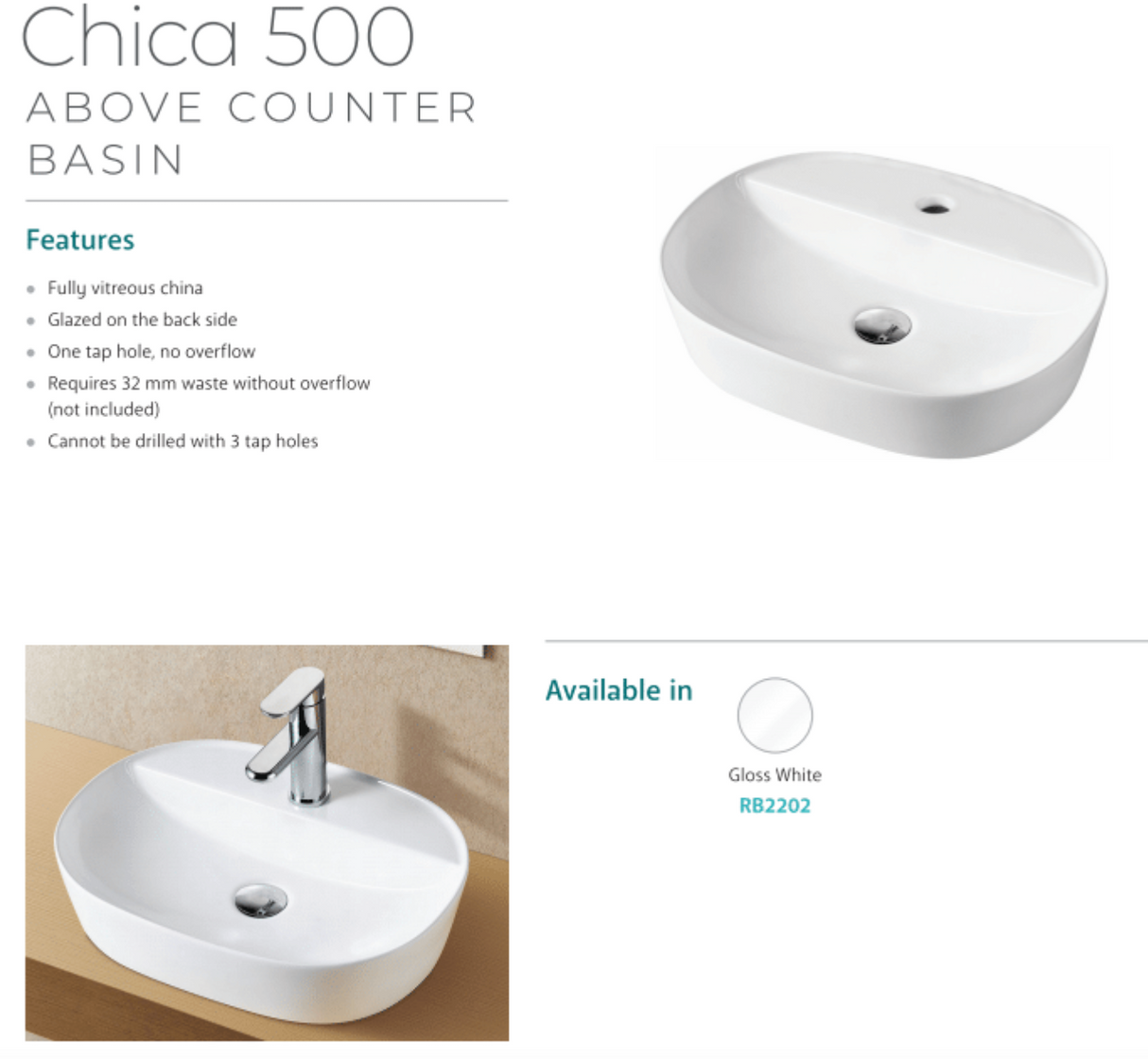 Fienza RB2202 Chica 500mm Above Counter Ceramic Basin, White