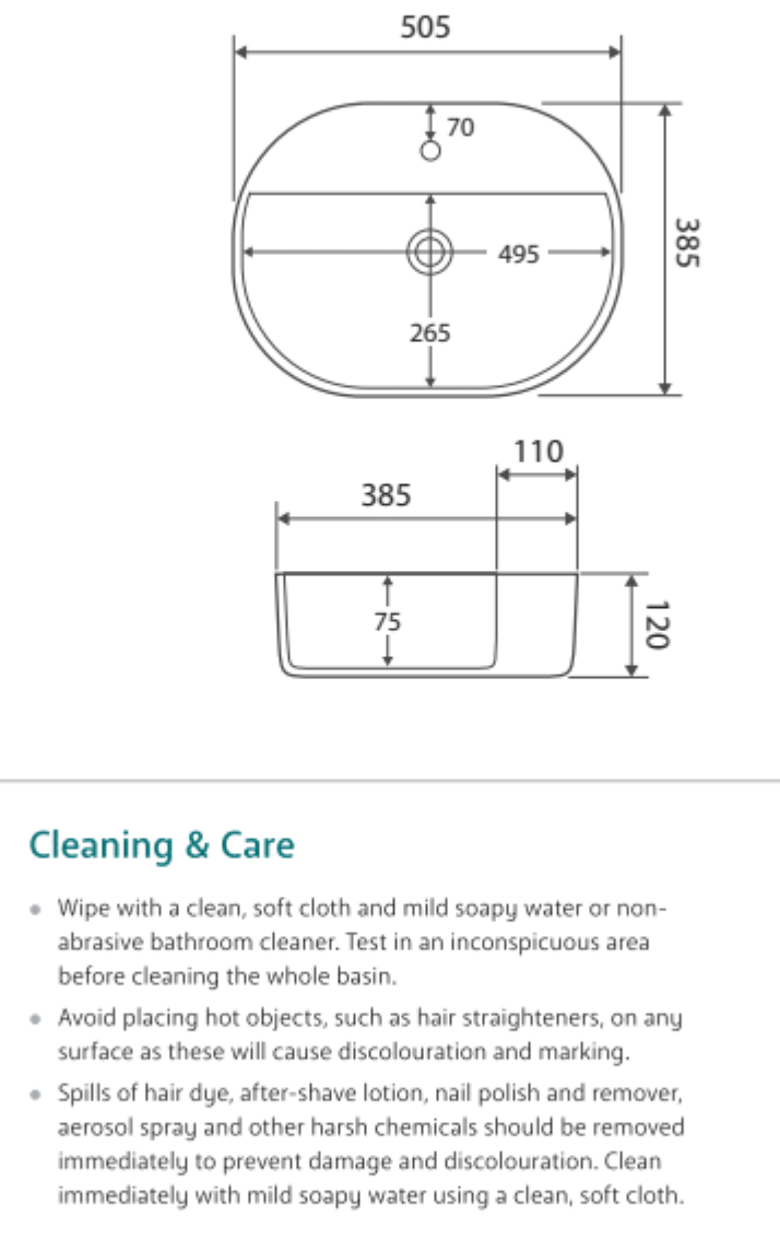 Fienza RB2202 Chica 500mm Above Counter Ceramic Basin, White