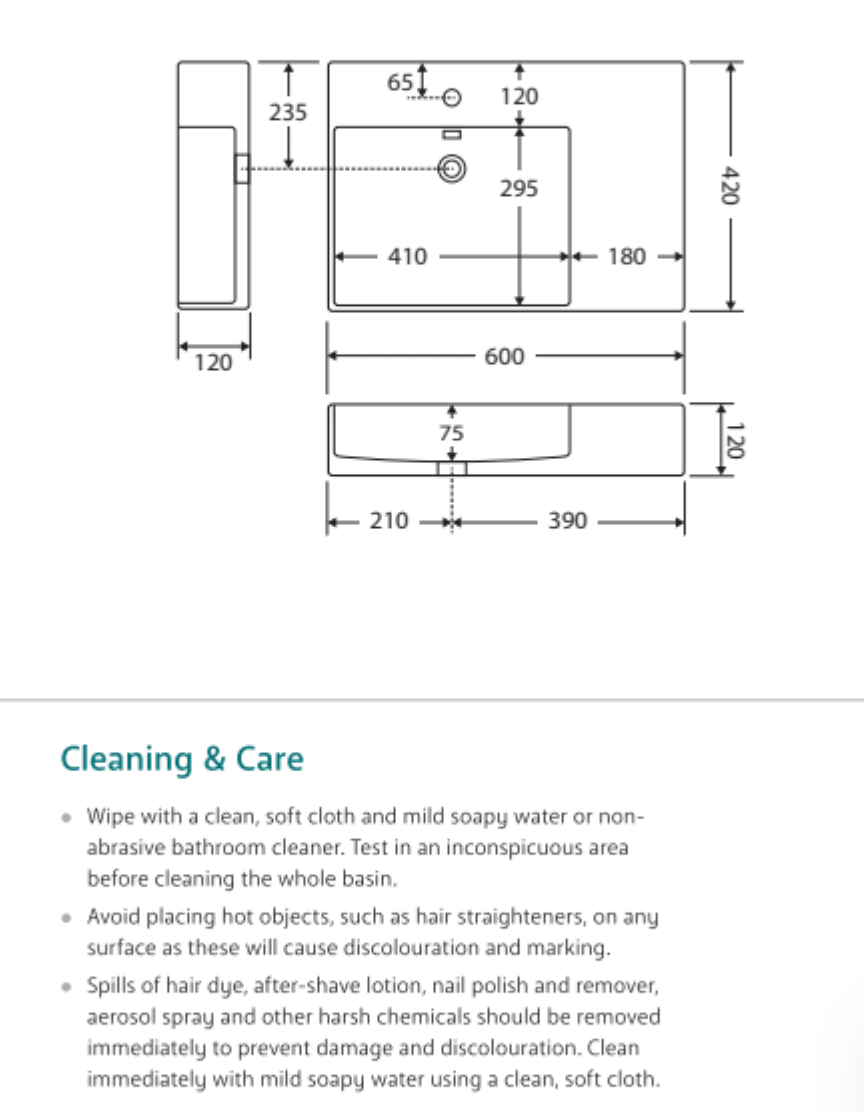 Fienza RB2223L Petra Wall Hung 1 Tap Hole Basin Left Hand, White