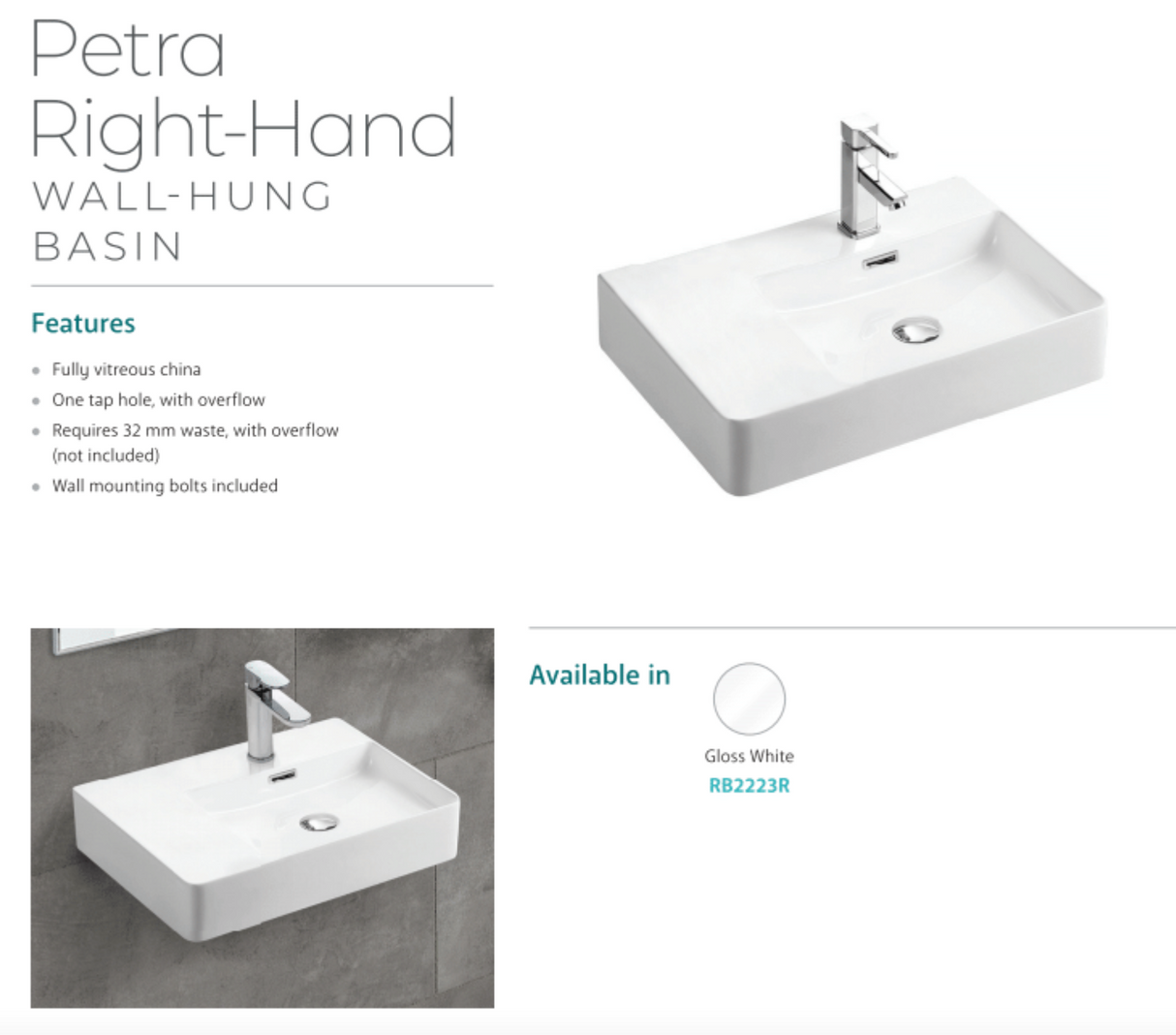 Fienza RB2223R Petra Wall Hung 1 Tap Hole Basin Right Hand, White