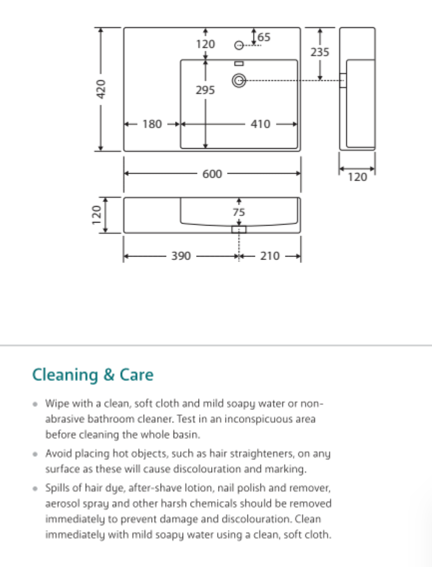 Fienza RB2223R Petra Wall Hung 1 Tap Hole Basin Right Hand, White