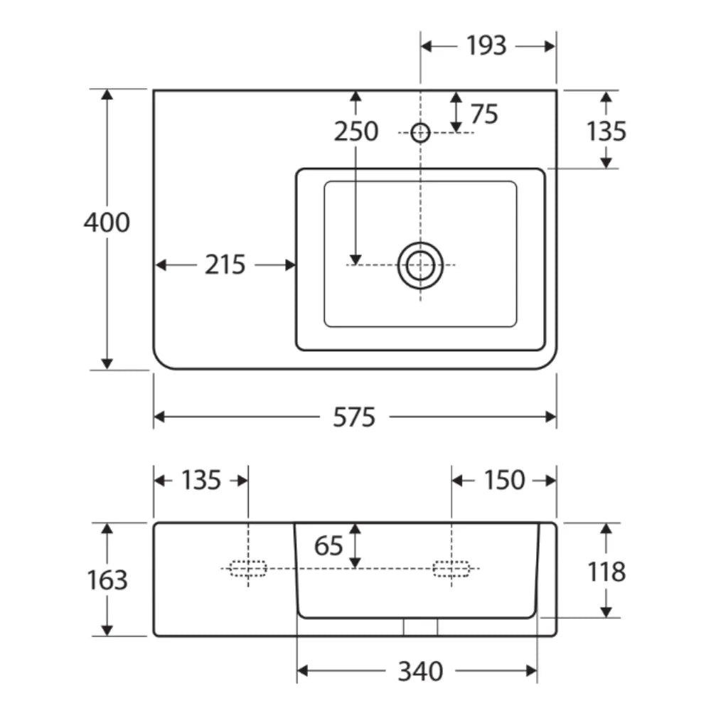 Fienza RB2275R Delta Care Gloss White Right Bowl Wall Hung Basin