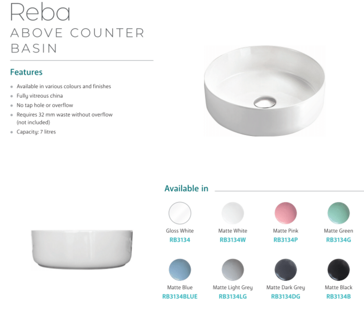 Fienza RB3134 Reba Above Counter Ceramic Basin, Gloss White