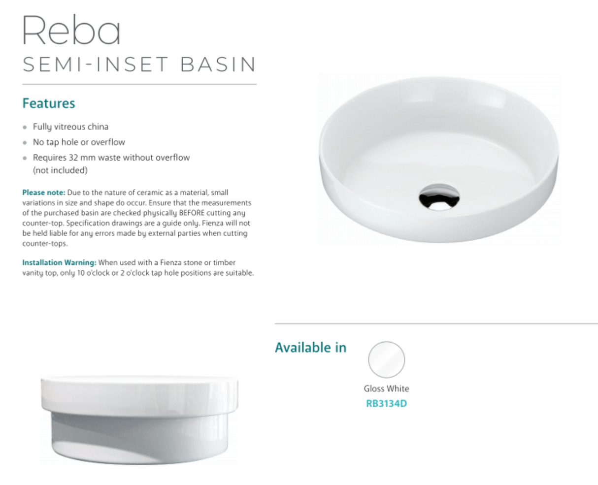 Fienza RB3134D Reba Semi Inset Ceramic Basin, White