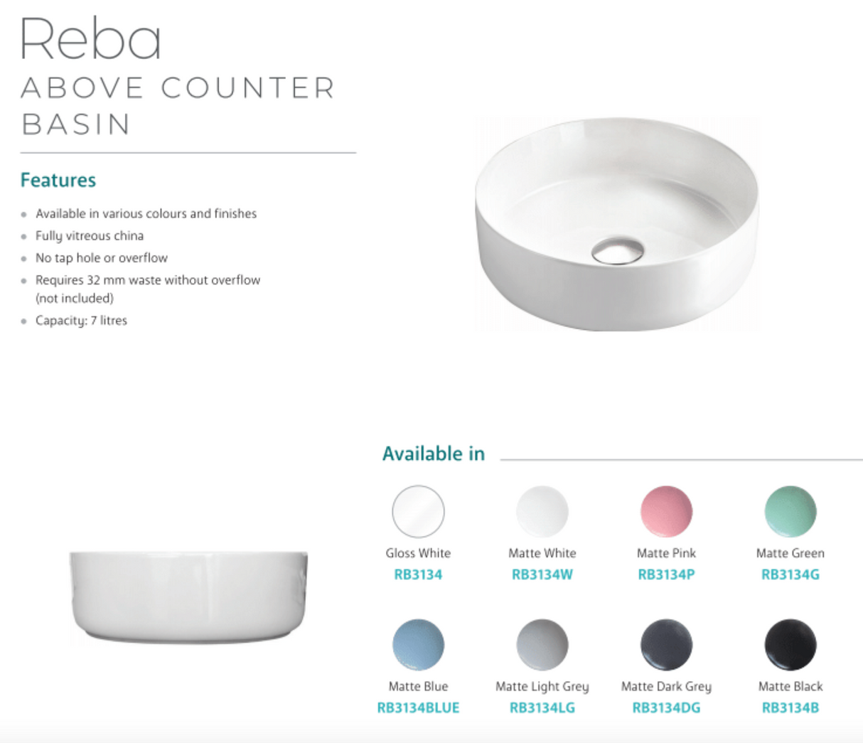 Fienza RB3134DG Reba Above Counter Ceramic Basin, Dark Grey