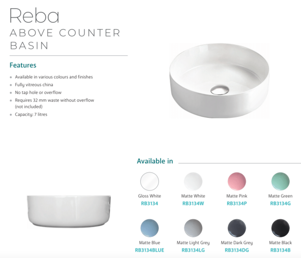 Fienza RB3134W Reba Above Counter Ceramic Basin, Matte White