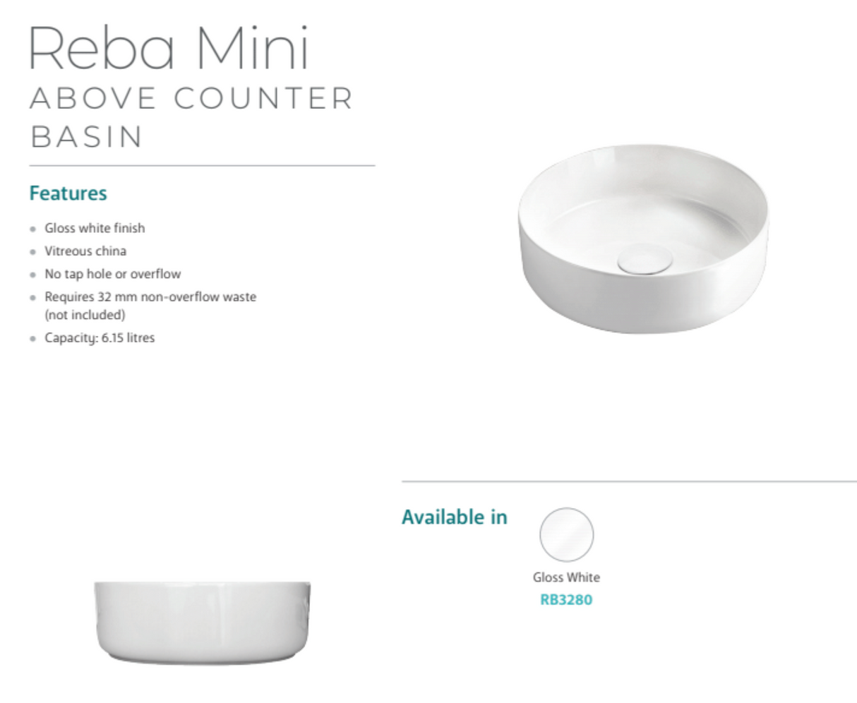 Fienza RB3280 Reba 310mm Basin Mini Above Counter, White